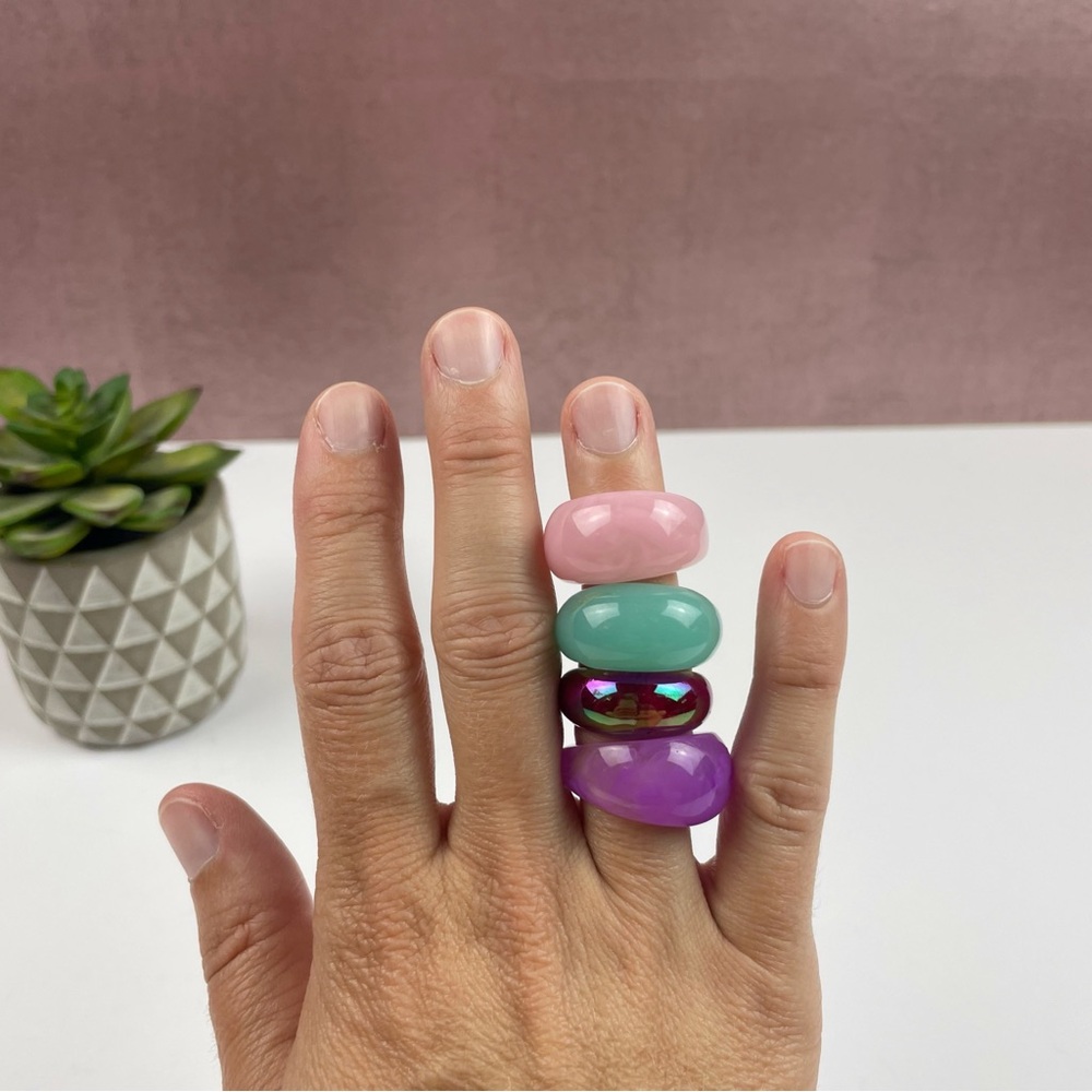 Pink, Green, Purple Stone Chunky Statement Rings Set Of 4 Women Jewelry Boho